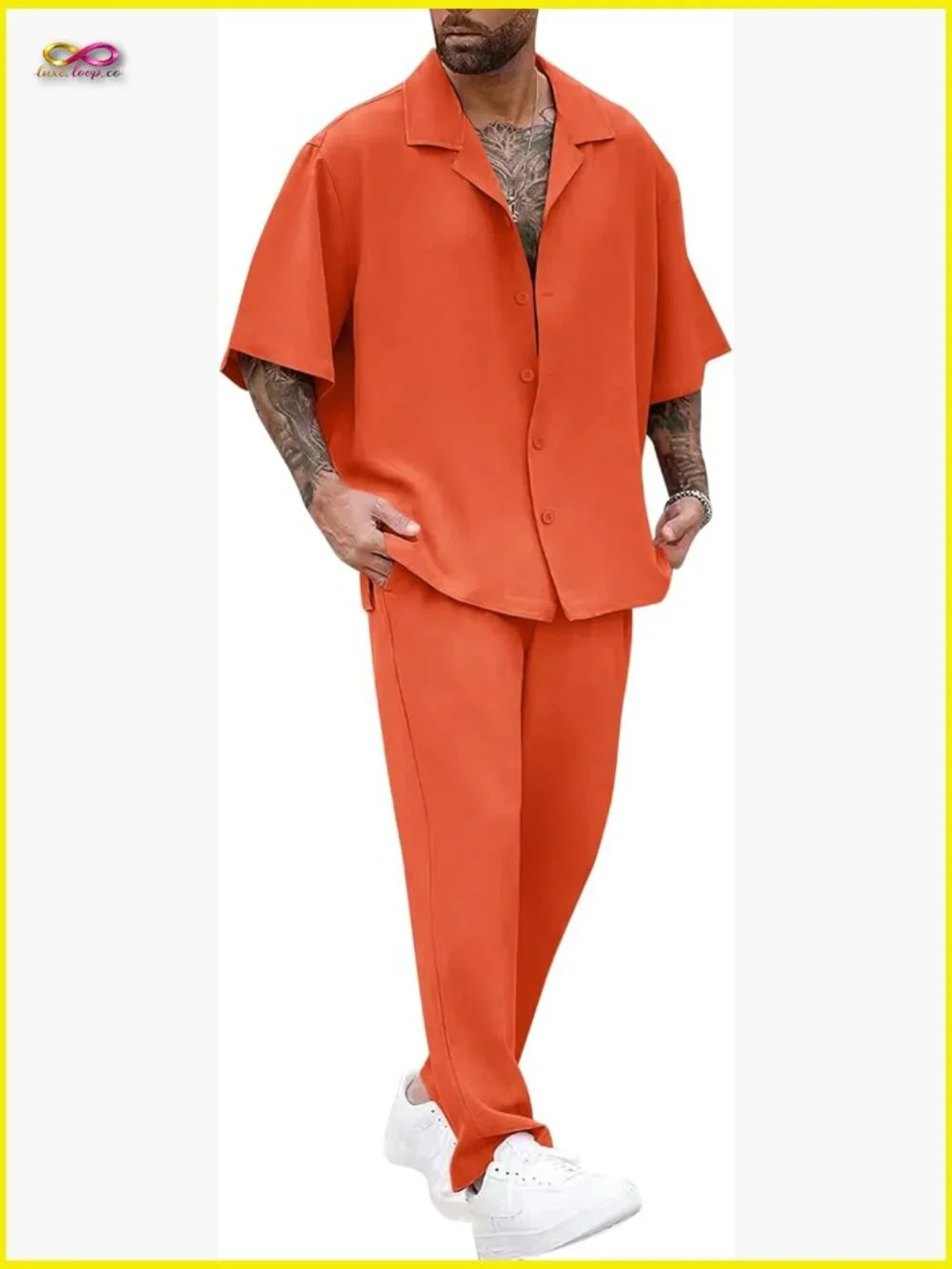 Men Summer Casual 2 Piece Set Short Sleeve Button Down Shirt Elastic Pants